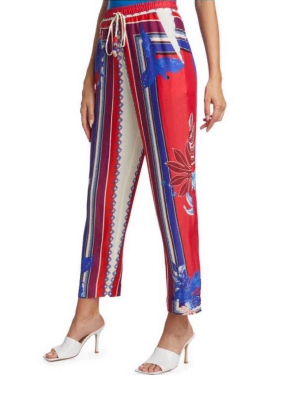 Farm Rio Tropical Scarf Print Beaded Tassel Viscose Pants Red Blue Large NEW